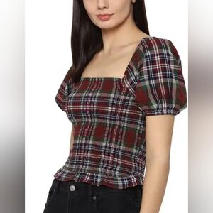 American Eagle Outfitters Smocked Puff-Sleeve Blouse Plaid